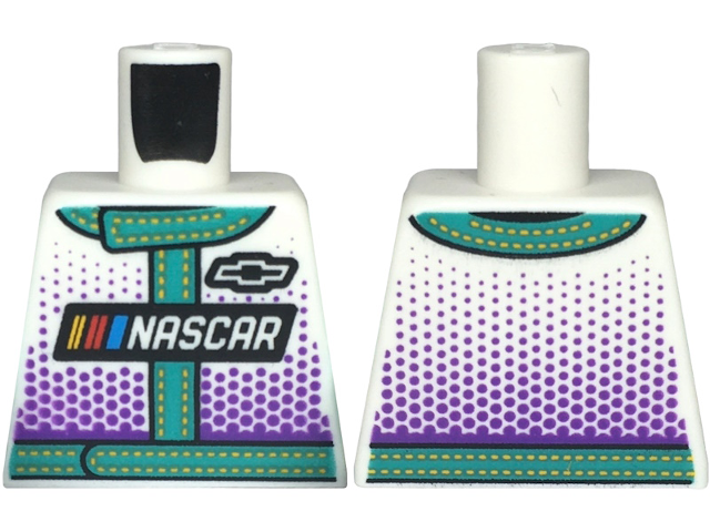 Torso Racing Suit with 'NASCAR' and Black Chevrolet Logo, Dark Turquoise Trim with Bright Light Orange Stitching and Dark Purple Dots Pattern