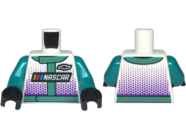 Torso Racing Suit with 'NASCAR' and Black Chevrolet Logo, Dark Turquoise Trim with Bright Light Orange Stitching and Dark Purple Dots Pattern / Dark Turquoise Arms / Black Hands