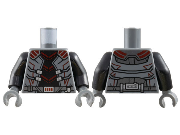 Torso Armor, Black Center with Dark Red Trim, Silver Buckles, Dark Silver Belt and Panels Pattern / Black Arms / Dark Bluish Gray Hands