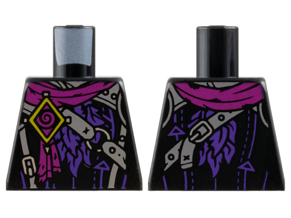 Torso Magenta Scarf and Spiral, Yellow Diamond, Silver Straps and Buckles, Dark Purple Ruffles Pattern