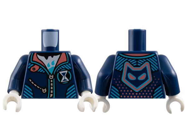 Torso Jacket, Coral Collar, Medium Azure Trim Lines, Silver Zippers, White Hourglass and Shirt, Animal Head on Back Pattern / Dark Blue Arms / White Hands