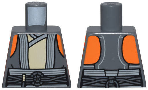 Torso SW Vest Open with Light Bluish Gray Trim over Tan Tunic, Belt with Cords and Ring, Orange Shoulders Pattern