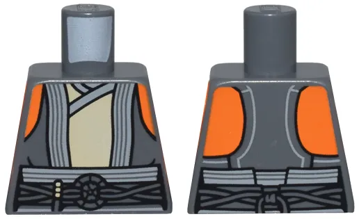 Torso SW Vest Open with Light Bluish Gray Trim over Tan Tunic, Belt with Cords and Ring, Orange Shoulders Pattern