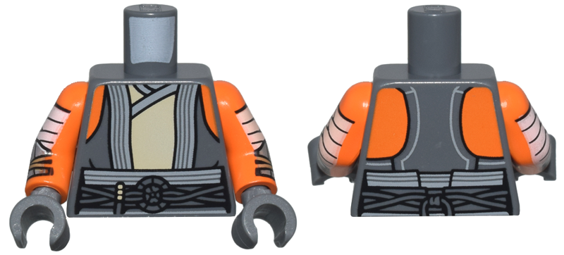 Torso SW Vest Open with Light Bluish Gray Trim over Tan Tunic, Belt with Cords and Ring, Orange Shoulders Pattern / Orange Arms with White Wrappings and Silver Bracers Pattern / Dark Bluish Gray Hands