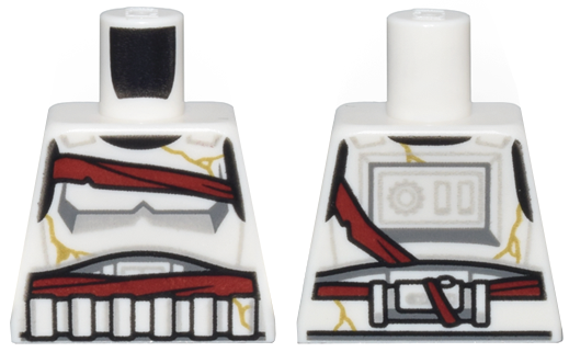 Torso SW Armor Stormtrooper, Simplified Armor with Shoulder Belts, Dark Red Bandages Around Chest and Stomach, Gold Cracks Pattern