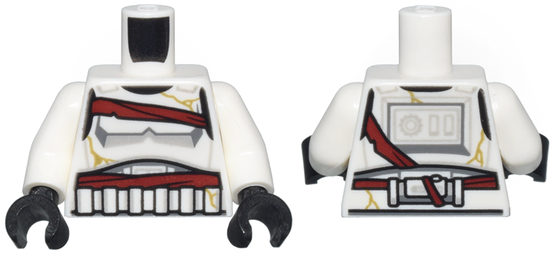 Torso SW Armor Stormtrooper, Simplified Armor with Shoulder Belts, Dark Red Bandages Around Chest and Stomach, Gold Cracks Pattern / White Arms / Black Hands
