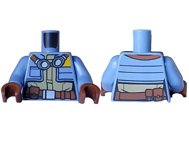 Torso Jacket Short with Black Pocket Outline and Bright Light Orange Triangle over Dark Tan Overalls, Reddish Brown Belt with Pouches, Silver Buckle and Dark Silver Goggles Pattern / Sand Blue Arms / Reddish Brown Hands