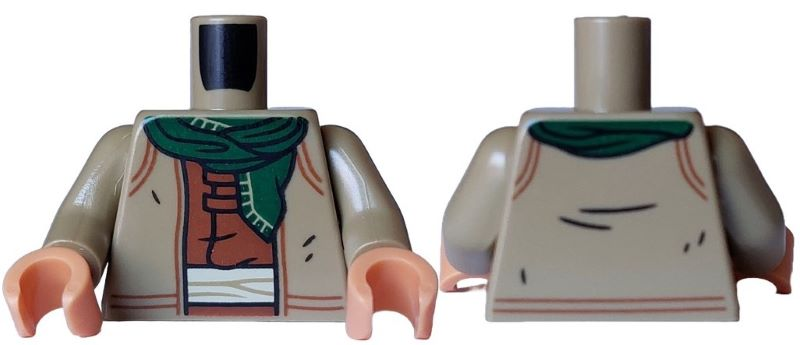 Torso Jacket Open with Dark Orange Trim, Black Stripes over Reddish Brown Shirt, Dark Green Scarf, Tan Waistband Pattern / Dark Tan Arms / Nougat Hands