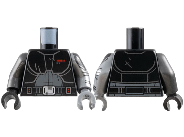 Torso SW Armor, Dark Bluish Gray Suit, Red Rectangle, Belt with Silver Buckle Pattern / Flat Silver Arm Left with Armor and Cuff Pattern / Pearl Dark Gray Arm Right / Flat Silver Hand Left / Black Hand Right