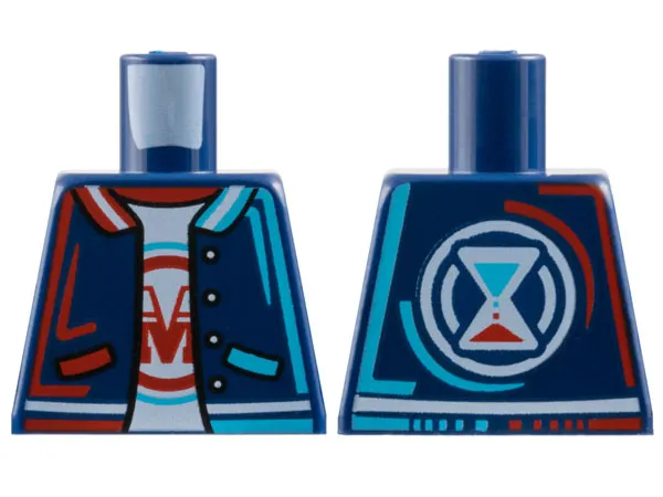 Torso Jacket Open with Dark Azure and Red Trim and Pockets, White Shirt with Capital Letter M, Hourglass on Back Pattern