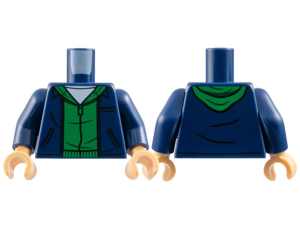 Torso Jacket with Black Pockets over Green Hoodie, White Shirt Pattern / Dark Blue Arms / Medium Tan Hands