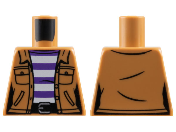 Torso Female Jacket with Pockets over White and Dark Purple Striped Shirt, Black Belt with Silver Buckle Pattern