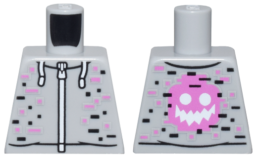 Torso Hoodie with White Zipper and Drawstrings, Black and Dark Pink Rectangles, Minifigure Head with Zigzag Mouth on Back Pattern