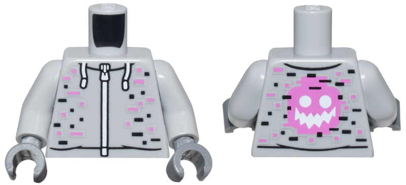 Torso Hoodie with White Zipper and Drawstrings, Black and Dark Pink Rectangles, Minifigure Head with Zigzag Mouth on Back Pattern / Light Bluish Gray Arms / Dark Bluish Gray Hands