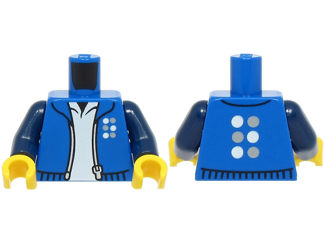 Torso Jacket Open with Silver Zipper and White and Light Bluish Gray Six Dots Logo over Shirt Pattern / Dark Blue Arms / Yellow Hands