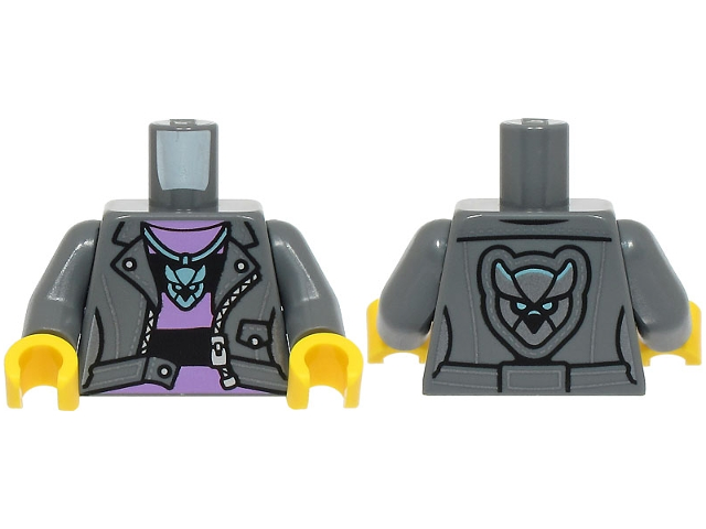 Torso Female Jacket Open, Medium Lavender and Black Striped Shirt, Metallic Light Blue Pendant Necklace Pattern (BAM) / Dark Bluish Gray Arms / Yellow Hands