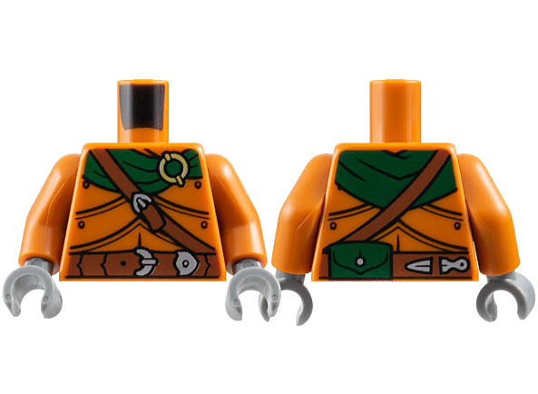 Torso Armor Plates, Dark Green Scarf, Gold Ring, Reddish Brown Belts, Silver Buckles, Pouch on Back Pattern / Dark Orange Arms / Dark Bluish Gray Hands