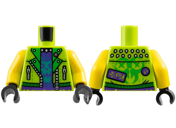 Torso Jacket Open with Silver Zippers, Dark Purple Shirt with Dark Turquoise Skull, Ninjago Logogram 'TOX' on Back Pattern / Yellow Arms / Black Hands