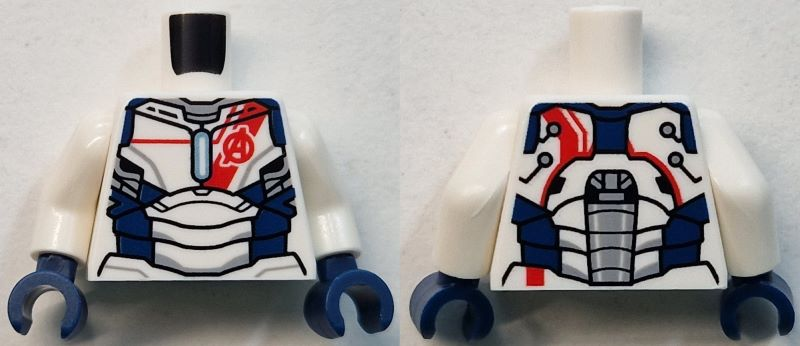 Torso Dark Blue Armor with Red Avengers Logo and Red Stripe on Front and Back Pattern (Iron Legion) / White Arms / Dark Blue Hands
