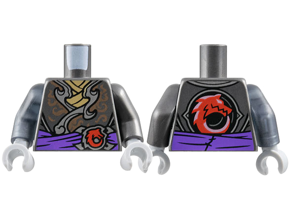 Torso Dark Silver and Copper Tunic, Dark Tan Shirt, Dark Purple Sash, Red Wolf Pattern / Pearl Dark Gray Arm Left / Trans-Black Arm Right / Light Bluish Gray Hands