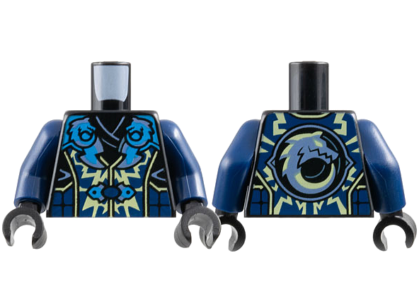 Torso Tunic and Armor, Metallic Light Blue and Dark Azure Blades with Wolves, Bright Light Yellow Electricity Pattern / Dark Blue Arms / Black Hands