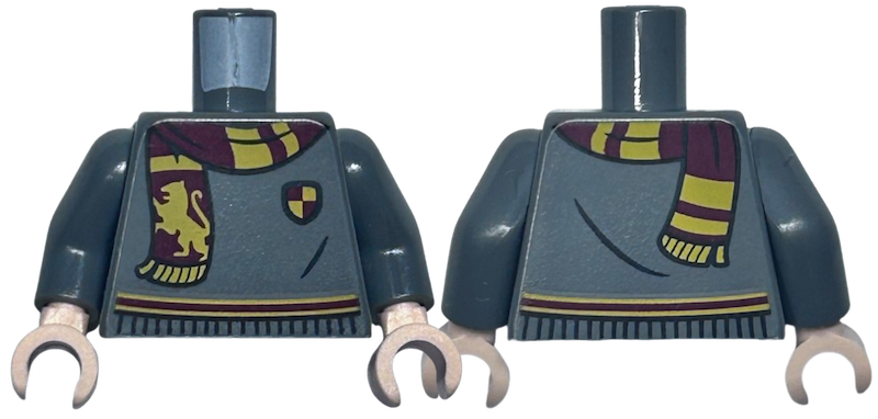 Torso Harry Potter Sweater, Dark Red and Bright Light Orange Gryffindor Stripe, Shield, and Scarf with Lion Pattern / Dark Bluish Gray Arms / Light Nougat Hands