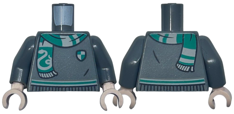 Torso Harry Potter Sweater, Green and Light Bluish Gray Slytherin Stripe, Shield, and Scarf with Snake Pattern / Dark Bluish Gray Arms / Light Nougat Hands