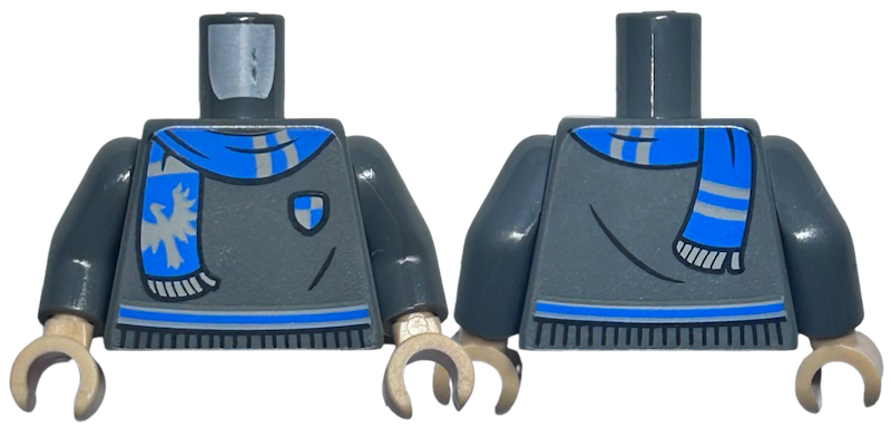 Torso Harry Potter Sweater, Blue and Light Bluish Gray Ravenclaw Stripe, Shield, and Scarf with Raven Pattern / Dark Bluish Gray Arms / Medium Tan Hands