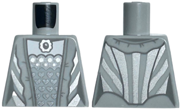 Torso Female Dress with Dark Silver Hearts, Silver Pendant, Dots and Stripes, Dark Bluish Gray Hem Lines and Creases Pattern