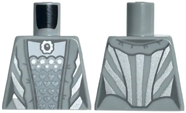 Torso Female Dress with Dark Silver Hearts, Silver Pendant, Dots and Stripes, Dark Bluish Gray Hem Lines and Creases Pattern