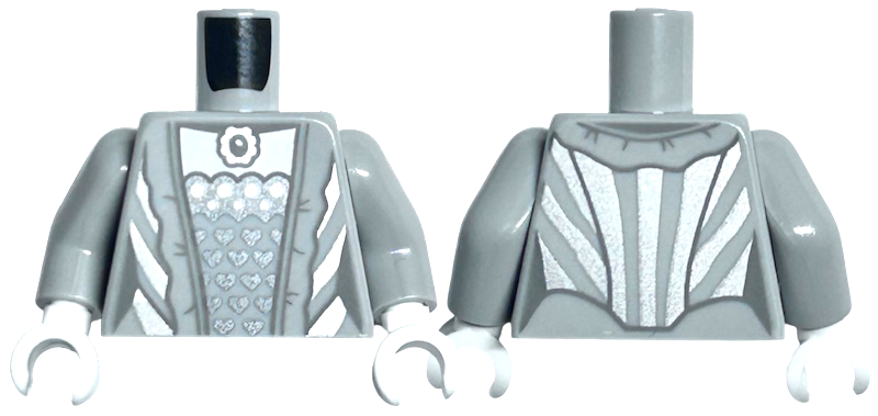 Torso Female Dress with Dark Silver Hearts, Silver Pendant, Dots and Stripes, Dark Bluish Gray Hem Lines and Creases Pattern / Light Bluish Gray Arms / White Hands