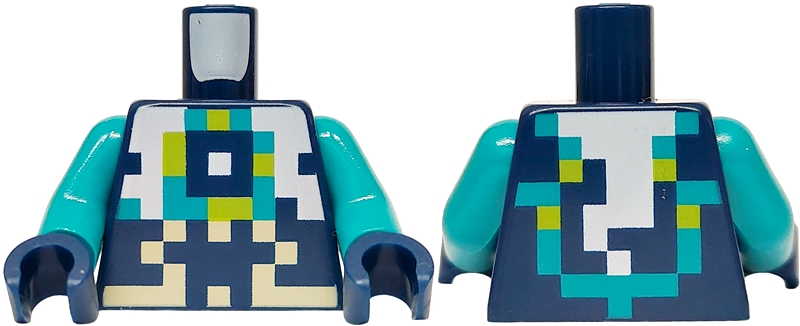 Torso Pixelated Dark Turquoise, Lime, Tan and White Armor Pattern / Dark Turquoise Arms / Dark Blue Hands