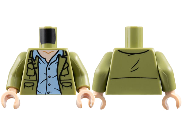 Torso Jacket Open with Pockets over Bright Light Blue Button Up Shirt, Light Nougat Neck Pattern / Olive Green Arms / Light Nougat Hands