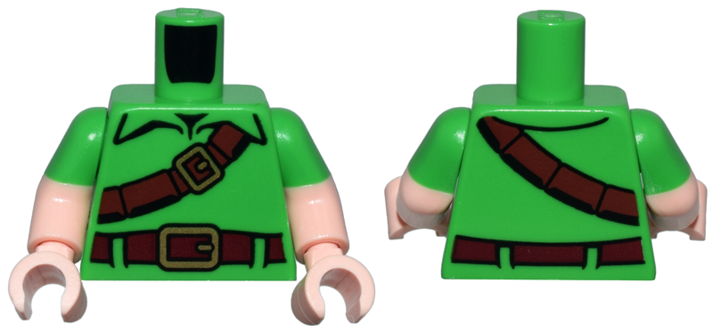 Torso Tunic, Reddish Brown Strap and Dark Red Belt with Gold Buckles Pattern / Light Nougat Arms with Molded Bright Green Short Sleeves Pattern / Light Nougat Hands