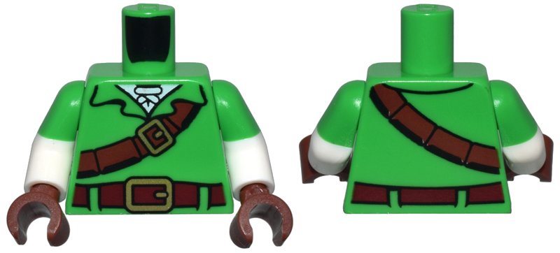 Torso Tunic, Reddish Brown Strap and Dark Red Belt with Gold Buckles, White Shirt Pattern / White Arms with Molded Bright Green Short Sleeves Pattern / Reddish Brown Hands