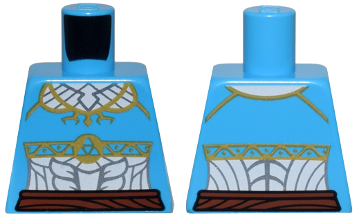 Torso Female Top with Gold Trim, White Tunic with Silver Embroidery, Reddish Brown Belt Pattern