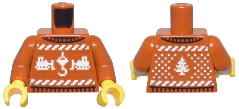 Torso Knit Fair Isle Holiday Sweater with White Construction Crane Hook, Bulldozers, and Christmas Tree Pattern / Dark Orange Arms / Yellow Hands
