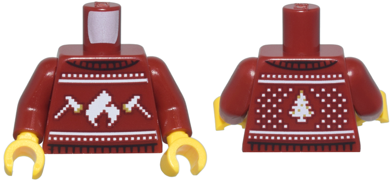 Torso Knit Fair Isle Holiday Sweater with White and Gold Fire Logo, Axes, and Christmas Tree Pattern / Dark Red Arms / Yellow Hands