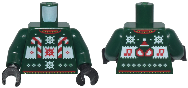 Torso Knit Fair Isle Holiday Sweater with Red and White Candy Canes, Snowflakes, Music Notes, and Spider-Man Eyes Pattern / Dark Green Arms / Black Hands