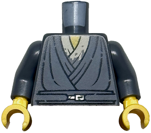 Torso SW Jedi Robe with Silver Belt Buckle, Tan Shirt with Dirt Stains, Yellow Neck, Simulated Wear Pattern / Dark Bluish Gray Arms / Yellow Hands