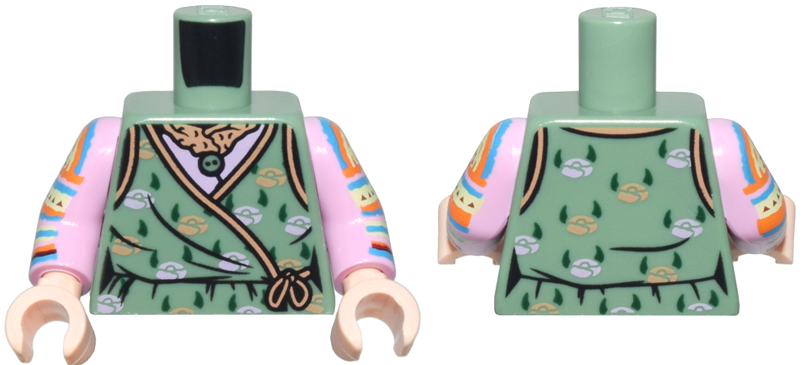 Torso Female Robe with Nougat and Lavender Flowers and Trim and Dark Green Leaves Pattern / Bright Pink Arms with Crochet Stripes Pattern / Light Nougat Hands