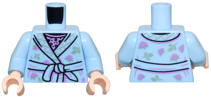 Torso Dressing Gown with Medium Lavender Dots and Sand Green Leaves and Stripes over Top with Black Flowers Pattern / Bright Light Blue Arms / Light Nougat Hands