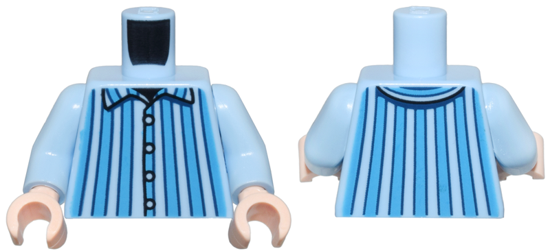 Torso Pajamas with Dark Azure and Dark Blue Vertical Stripes and Collar, Black Buttons and Neck Pattern / Bright Light Blue Arms / Light Nougat Hands