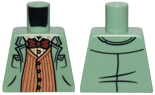 Torso Overcoat over Medium Nougat Striped Sweater Vest, Tan Plaid Shirt, and Reddish Brown Bow Tie Pattern