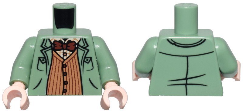 Torso Overcoat over Medium Nougat Striped Sweater Vest, Tan Plaid Shirt, and Reddish Brown Bow Tie Pattern / Sand Green Arms / Light Nougat Hands