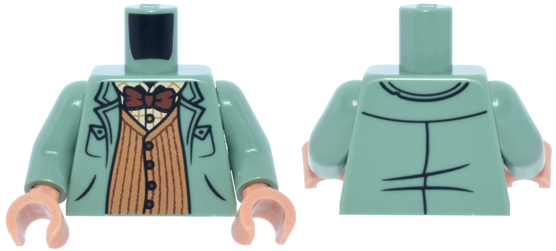 Torso Overcoat over Medium Nougat Striped Sweater Vest, Tan Plaid Shirt, and Reddish Brown Bow Tie Pattern / Sand Green Arms / Nougat Hands