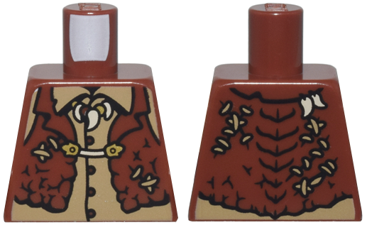 Torso Tattered Vest with Stitches and Gold Clasp over Dark Tan Shirt with Dark Brown Buttons and Dragon Tooth Necklace Pattern