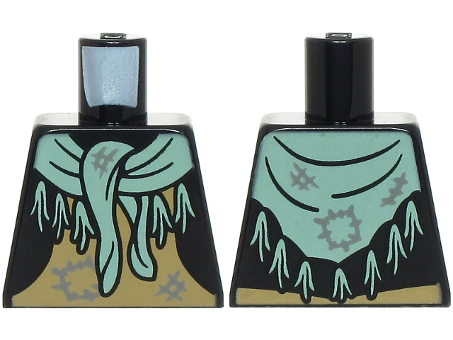 Torso Jacket Open over Dark Tan Apron, Sand Green Shawl with Tassels and Dark Bluish Gray Patches Pattern (BAM)