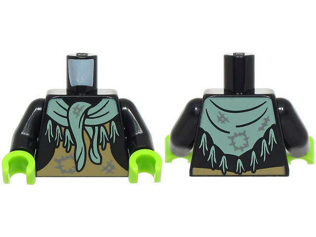 Torso Jacket Open over Dark Tan Apron, Sand Green Shawl with Tassels and Dark Bluish Gray Patches Pattern (BAM) / Black Arms / Lime Hands