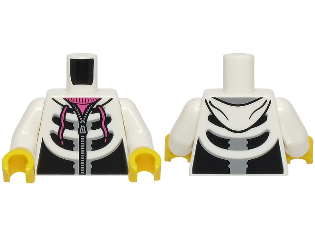 Torso Black and Light Bluish Gray Hoodie with Zipper and Skeleton Ribs, Dark Pink Laces and Shirt Pattern (BAM) / White Arms / Yellow Hands